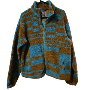 Urban Outfitters Blue and Brown Geometric Sherpa Fleece Jacket Mens Small